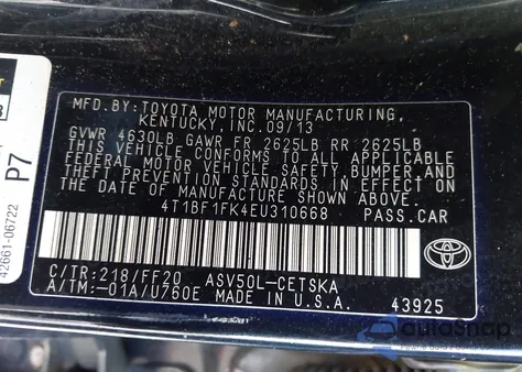 2014 Toyota Camry Se из США, поврежденный, VIN 4T1BF1FK4EU310668